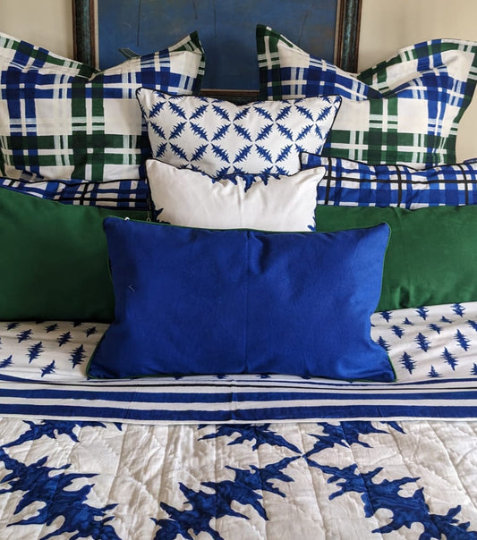 canvas cushion, solid block printed blue 35 cm x 60 cm